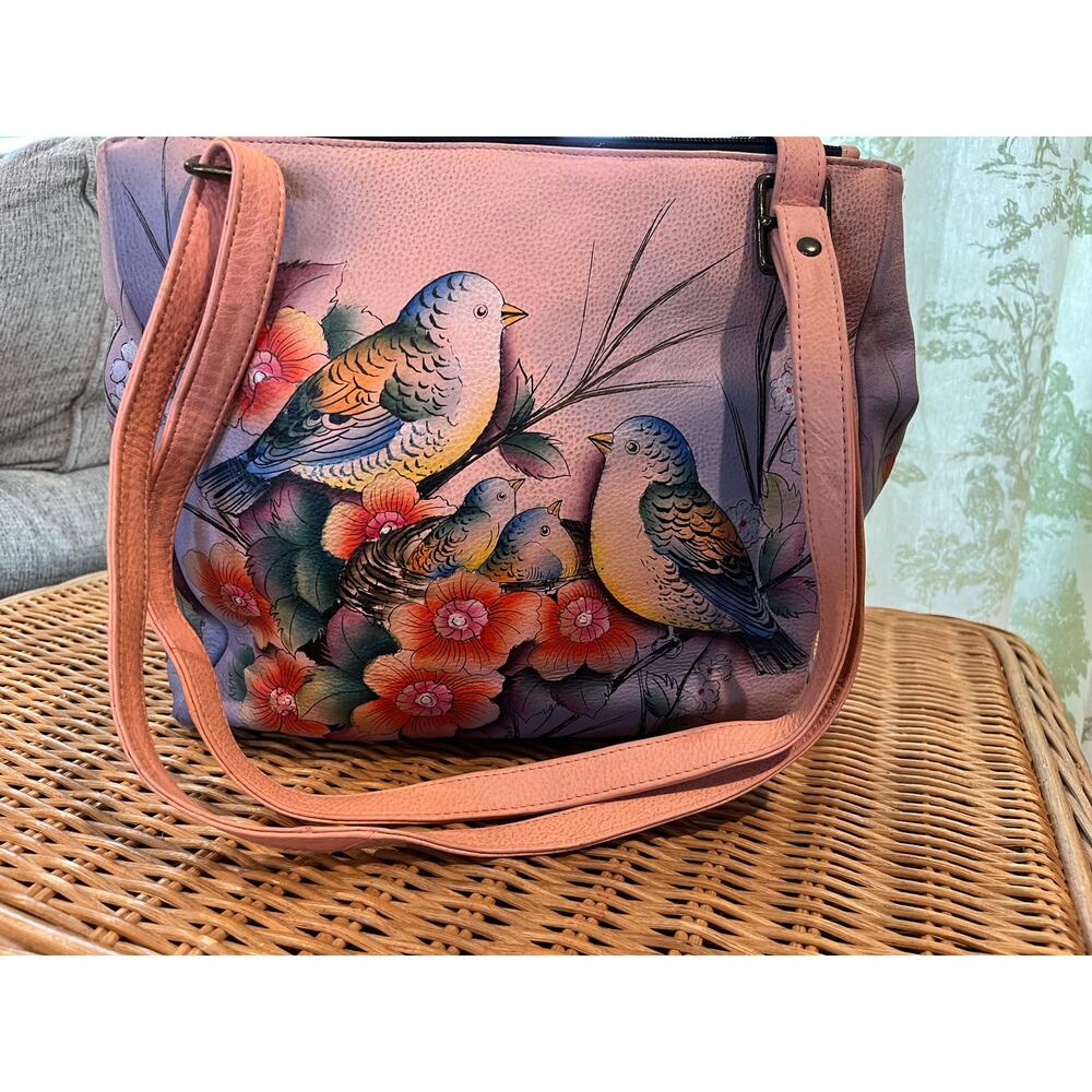 ANUSCHKA Hand painted Leather Crossbody Bag Bird & Flowers